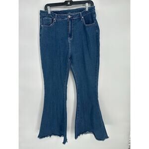 Shein Womens Plus Size 2XL Flare Raw Hem High Rise Denim Blue Jeans Stretch